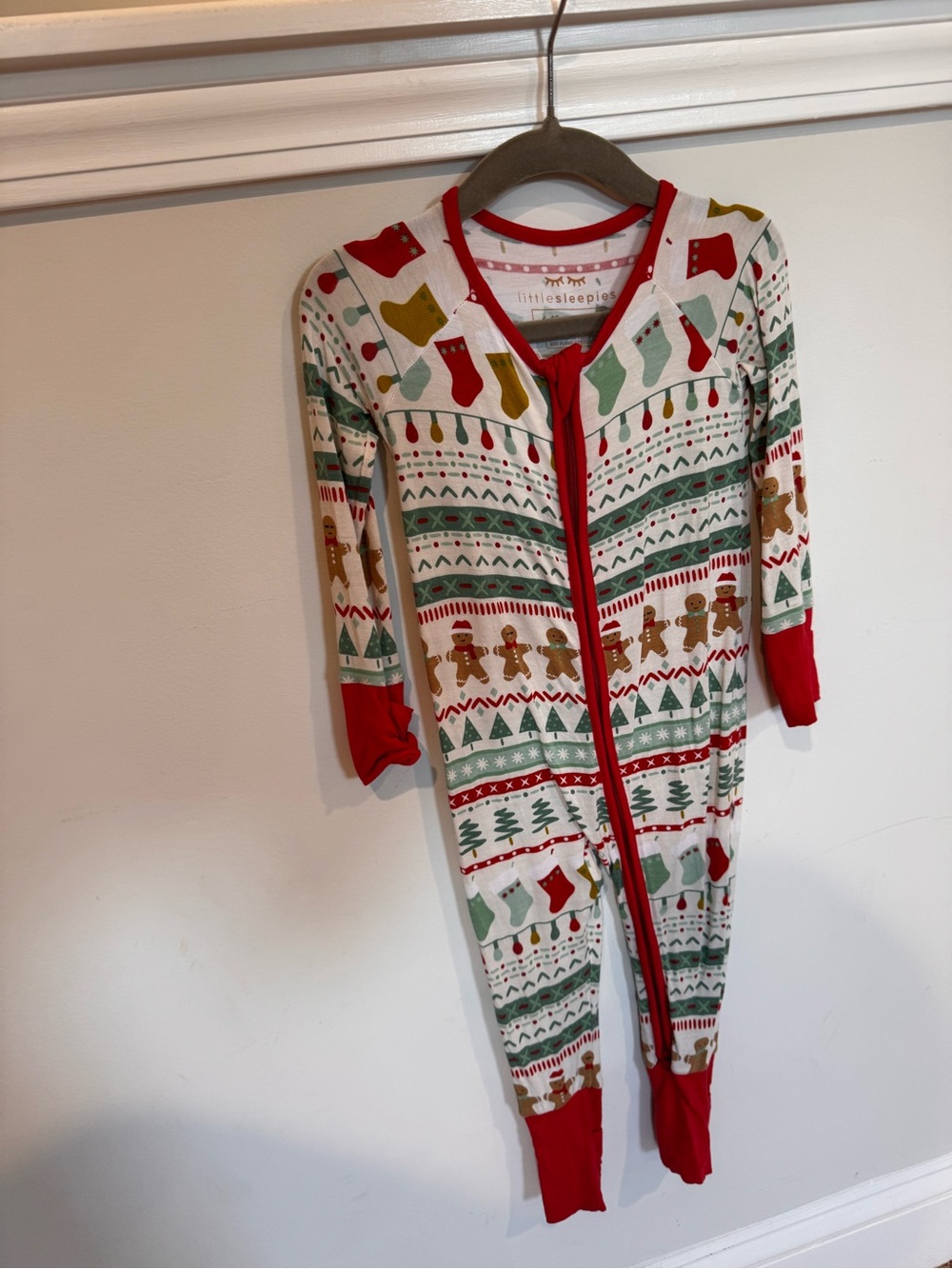 Little Sleepies Red, Green, Cream Holiday Gingerbread Footed One-Piece